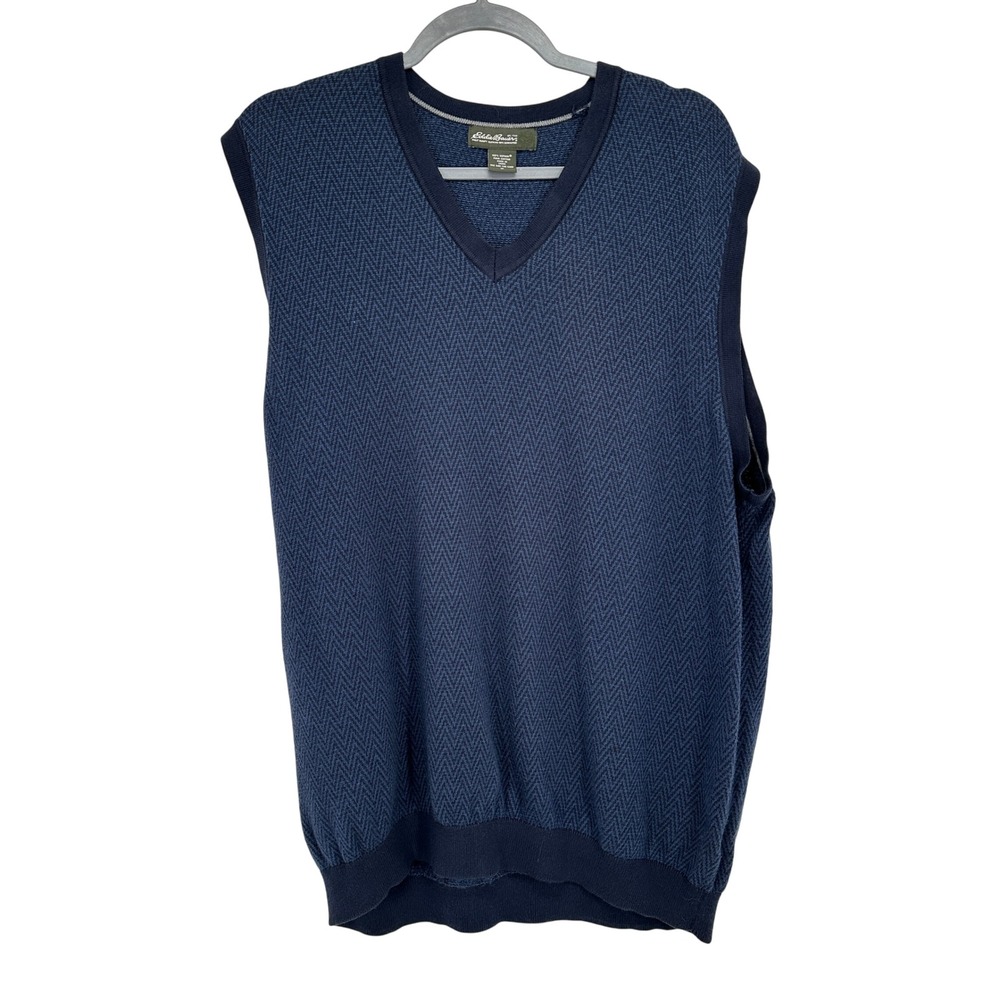 Eddie Bauer Men's‎ V-Neck Sweater Vest academia Knit Blue XL Supima Cotton